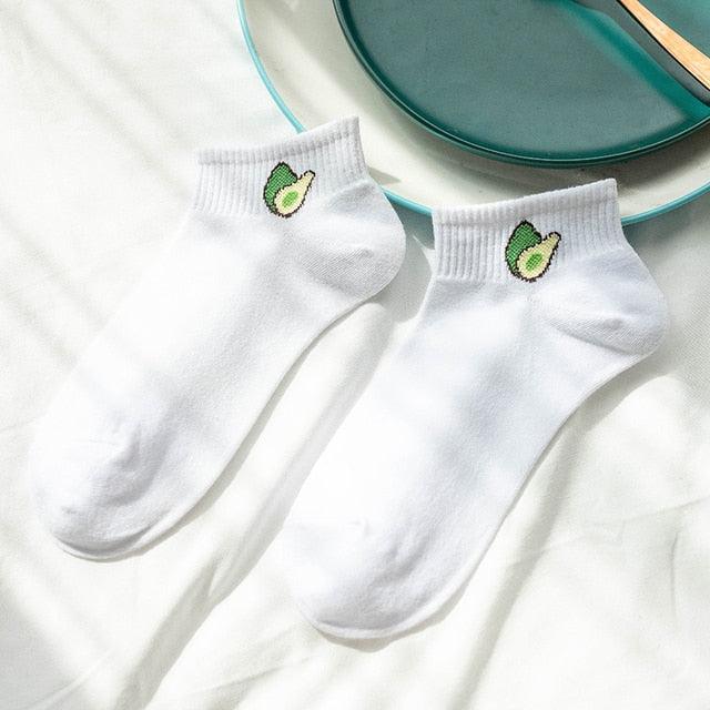 Solid Color Avocado Printed Socks Casual Joker Cotton Short Socks Ladies Fruit Print Concise College Style Breathable Cotton Short Socks For Men And Women