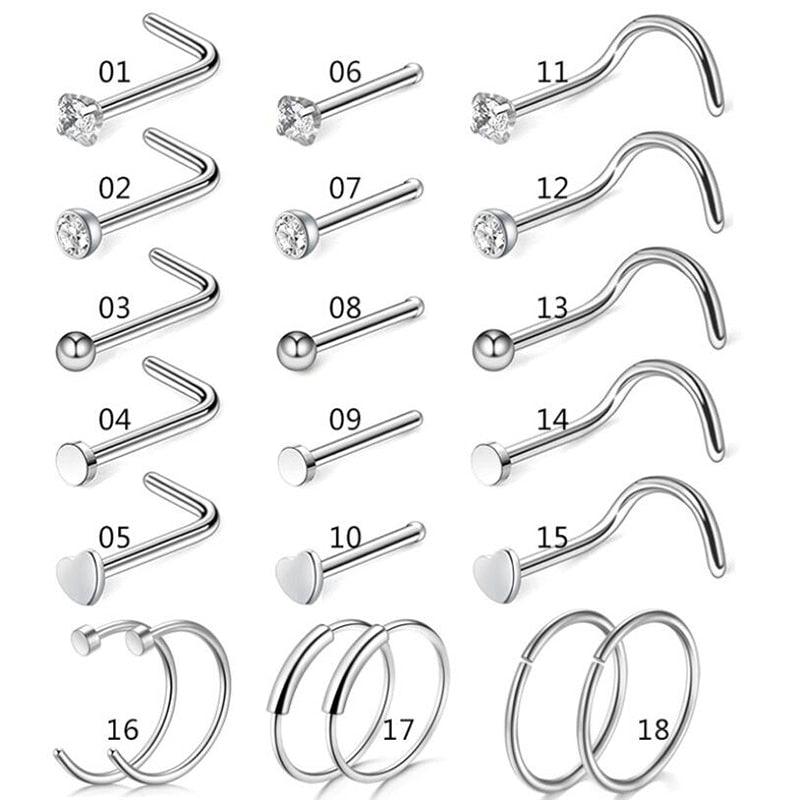 Nose Studs Surgical Steel Nostril Studs Screws Nose Ring Hoop Body Piercing Silver Color Heart Nose Stud Stainless Steel Nose Stud Set Round Heart Star CZ Crystal Nose Piercings L Shape Nostril Piercing Nose Rings For Nose Piercing