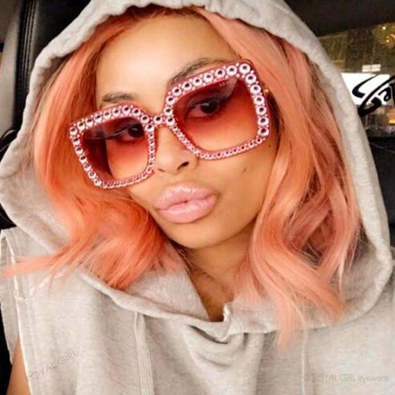 Oversized Sunglasses Square Diamond Sunglasses Women Retro Sunglasses Luxury & Diamond Square Shape Sunglasses For Women Branded Attractive Any Size Crystal Sun Glasses For Ladies Gradient Classic Mirror & Decent Shades