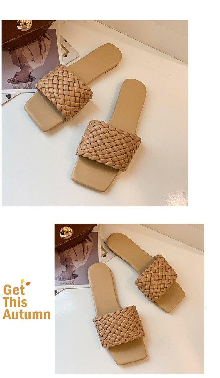 Party Luxury Ladies Slippers Charm Design Open-Toe Beach Flat Sandals Casual Flip Flops Women Shoes Flat Sandals Slip On Slide Sandals Leather Strap Flat Sandals