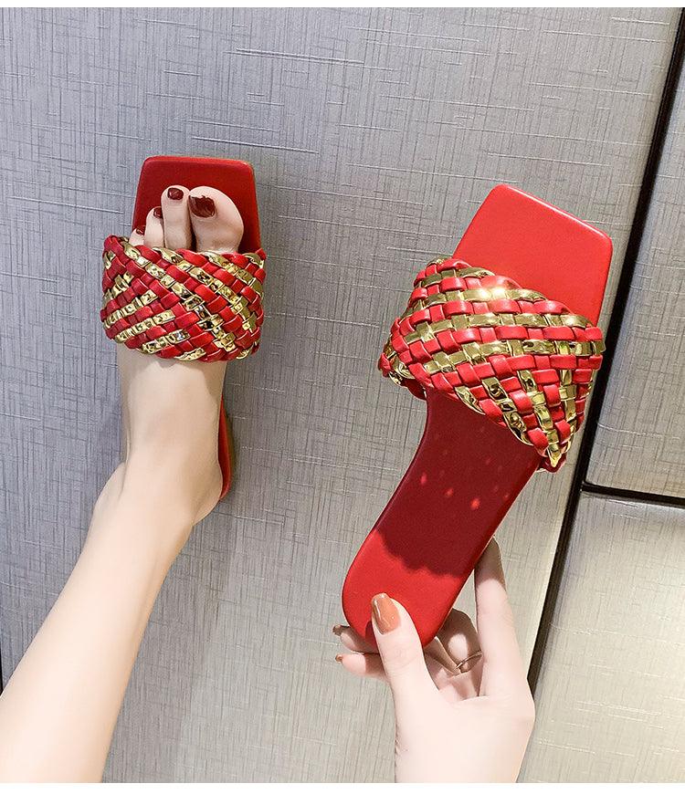 Party Luxury Ladies Slippers Charm Design Open-Toe Beach Flat Sandals Casual Flip Flops Women Shoes Flat Sandals Slip On Slide Sandals Leather Strap Flat Sandals