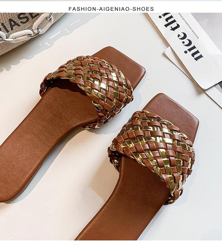 Party Luxury Ladies Slippers Charm Design Open-Toe Beach Flat Sandals Casual Flip Flops Women Shoes Flat Sandals Slip On Slide Sandals Leather Strap Flat Sandals