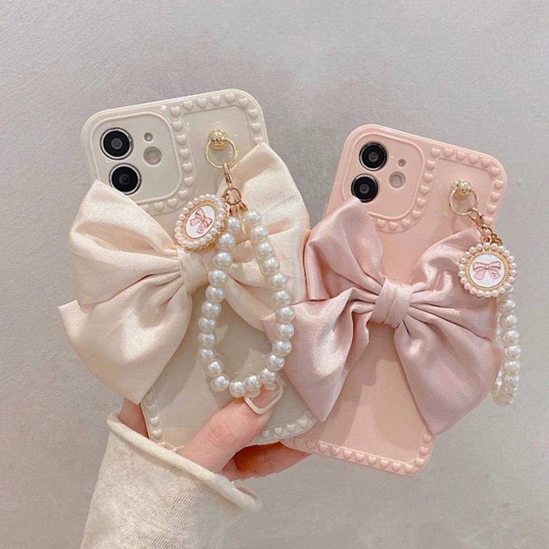 Pearl Bracelet With Fabric Bow Phone Case For iphone 13 12 11 13 Pro Max Mini X XR XS Max 6 S 7 8 Plus Soft Phone Shell Handmade Bow Pearl Bracelet Clear Laser Heart Phone Case for Women