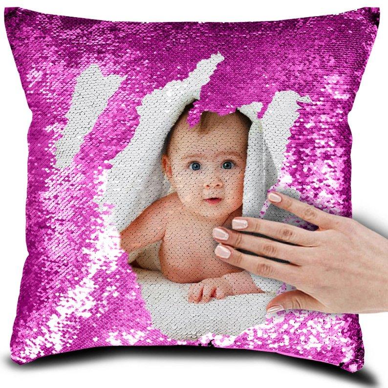 Personalised Sequin Pillow Cover Suede Fabric Cushion Cover Reveal Magic Gift Mother Of The Bride Groom Bridesmaid Baby Fun Flip Sequins Throw Pillow Cover Blue Black Couch Color Changing Decor Cushion Covers for Sofa 40X40cm