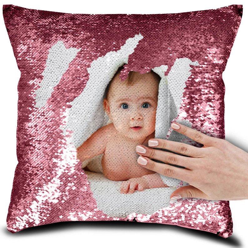Personalised Sequin Pillow Cover Suede Fabric Cushion Cover Reveal Magic Gift Mother Of The Bride Groom Bridesmaid Baby Fun Flip Sequins Throw Pillow Cover Blue Black Couch Color Changing Decor Cushion Covers for Sofa 40X40cm