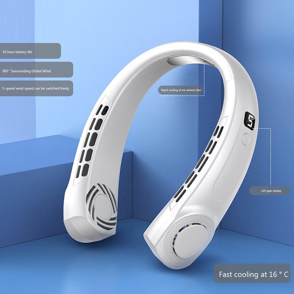 Portable Neck Fan USB Handheld Mute LED Digital Display Leafless Mini Electric Fan Colorful Atmosphere Lights 5th Gear For Rechargeable Personal Wearable Fan with Colorful Flashlight LED Digital Display And Low Noise