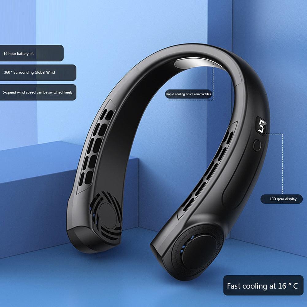 Portable Neck Fan USB Handheld Mute LED Digital Display Leafless Mini Electric Fan Colorful Atmosphere Lights 5th Gear For Rechargeable Personal Wearable Fan with Colorful Flashlight LED Digital Display And Low Noise