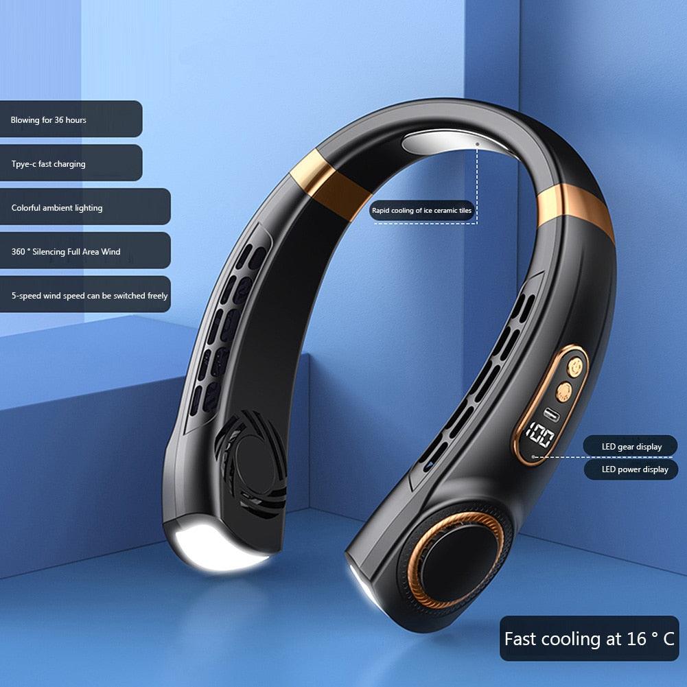 Portable Neck Fan USB Handheld Mute LED Digital Display Leafless Mini Electric Fan Colorful Atmosphere Lights 5th Gear For Rechargeable Personal Wearable Fan with Colorful Flashlight LED Digital Display And Low Noise