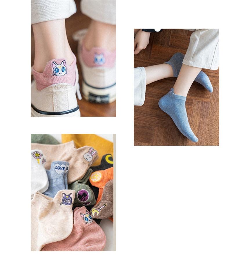 Cartoon Anime Embroidered Boat Socks Ins Trend Moon Cute Sweet Cat Socks Slippers Happy Funny Cotton Girl Socks Cute Short Boat Socks For Men And Women