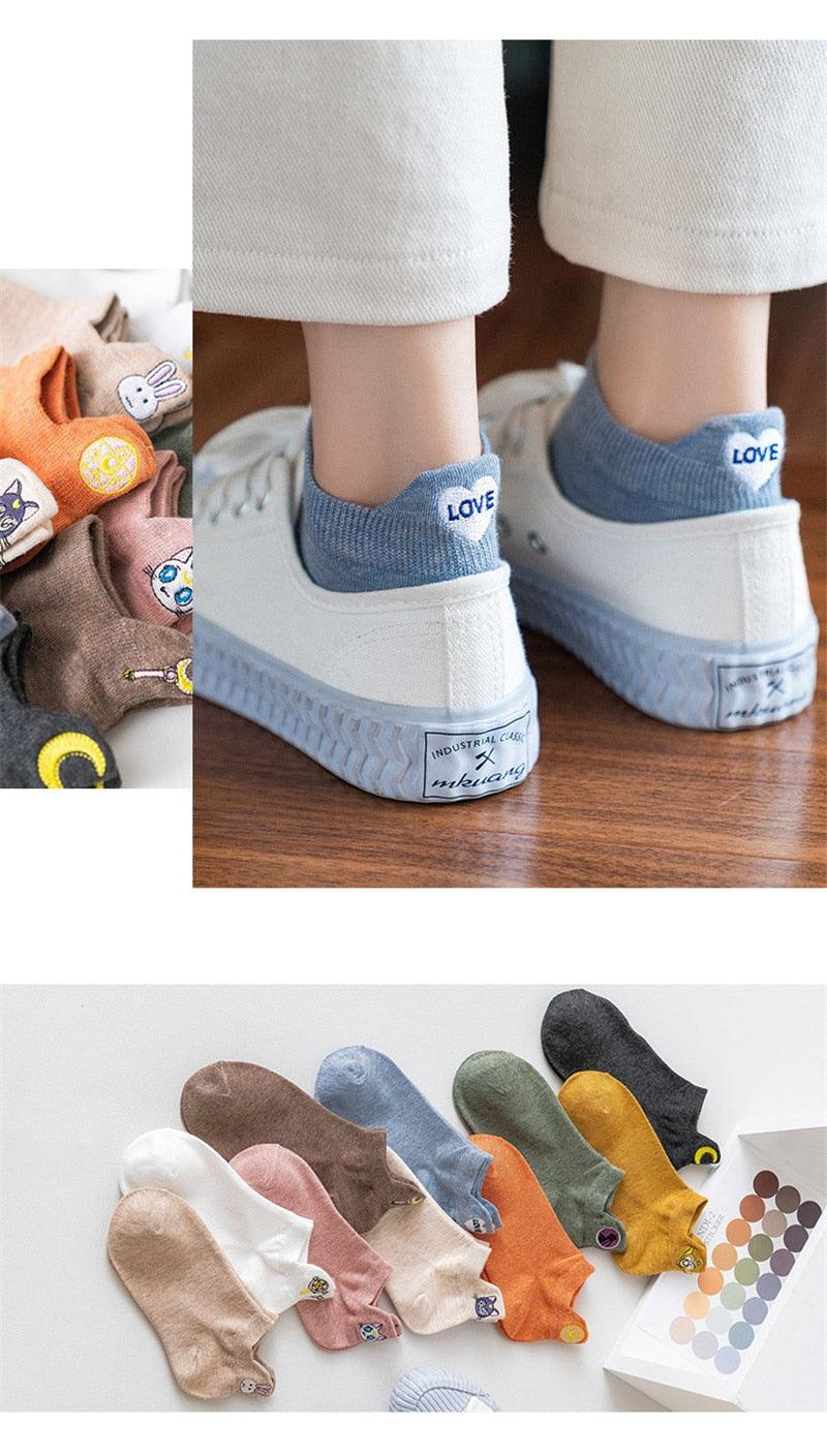 Cartoon Anime Embroidered Boat Socks Ins Trend Moon Cute Sweet Cat Socks Slippers Happy Funny Cotton Girl Socks Cute Short Boat Socks For Men And Women