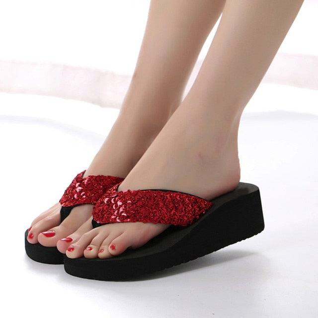 Summer Women Flip Flops Casual Sequins Anti-Slip Slippers Beach Flip Flat Sandals Beach Open Toe Shoes Womens Glitter Bling Fancy Slide Flat Low Sparkle Sandals Elegant Shoes