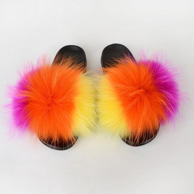 Summer Women Raccoon Fur Slippers Plush Slides Furry Sandals Fluffy House Shoes Girl's Cute Flip Flops Sandal With Soft Furry Faux Fox Fur House Outdoor Multicolor Slippers