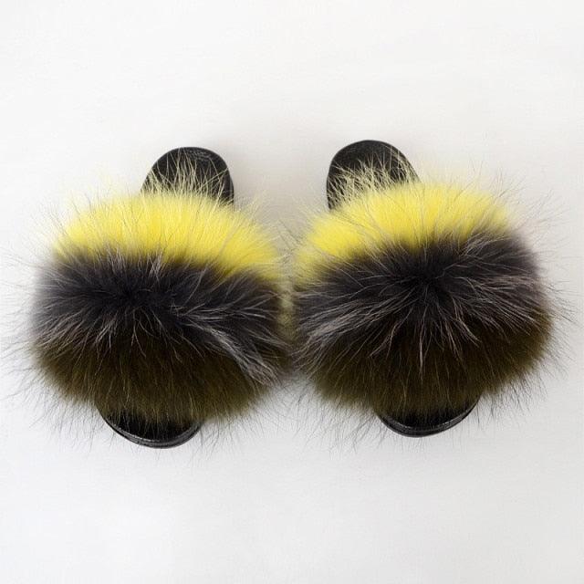 Summer Women Raccoon Fur Slippers Plush Slides Furry Sandals Fluffy House Shoes Girl's Cute Flip Flops Sandal With Soft Furry Faux Fox Fur House Outdoor Multicolor Slippers