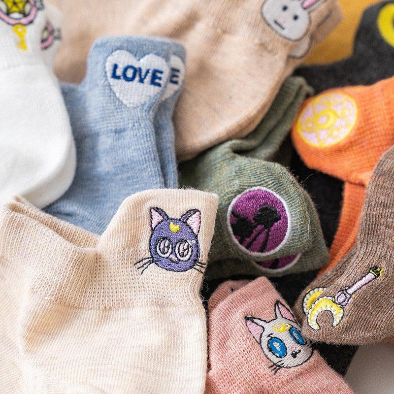 Cartoon Anime Embroidered Boat Socks Ins Trend Moon Cute Sweet Cat Socks Slippers Happy Funny Cotton Girl Socks Cute Short Boat Socks For Men And Women
