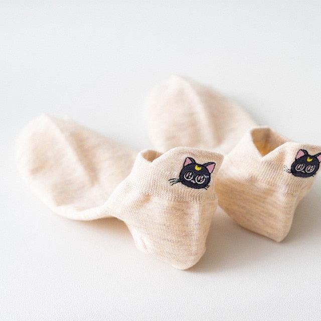 Cartoon Anime Embroidered Boat Socks Ins Trend Moon Cute Sweet Cat Socks Slippers Happy Funny Cotton Girl Socks Cute Short Boat Socks For Men And Women