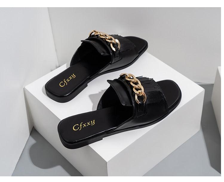 Summer New Women Slippers Open-Toe Flat Slippers Fashion Buckle Beach Slides Casual Flip Flops Women Shoes Slip On Comfortable Pointed Toe Loafers Women Luxury Black Sandals