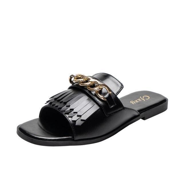 Summer New Women Slippers Open-Toe Flat Slippers Fashion Buckle Beach Slides Casual Flip Flops Women Shoes Slip On Comfortable Pointed Toe Loafers Women Luxury Black Sandals