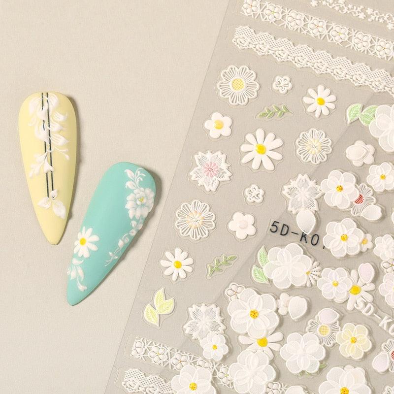 White Embossed Flower Lace Sticker Decal Wedding Nail Art Designs Floral Butterfly Japanese Manicures Nail Decoration Metallic Curve Strip Line Nail Decal Self-Adhesive 3D Wave Design Decoration for Women Girls Adhesive Striping Tape Nail Art Stickers