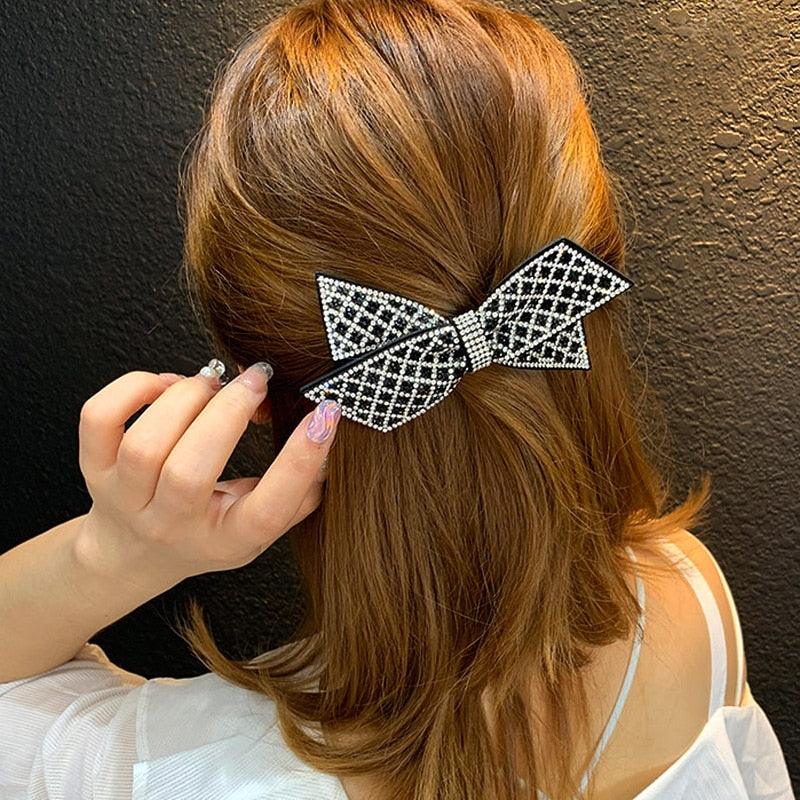Crystal Big Bow Barrettes Hair Clips For Women Ponytail Holder Girls Hair Accessories Rhinestone Hairpins Fashion Hairgrips Band Accessories For Party
