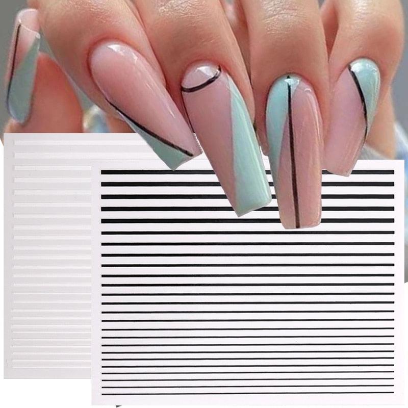 Black White 3D Nail Stickers Metal Gold Silver Geometric Tassel Strip Line Adhesive Transfer Decals Nail Art Design  Gold Silver Metal Nail Sticker  Metallic Curve Strip Line Nail Decal Self-Adhesive 3D Wave Design Nail Tips Decorations Manicure for Women