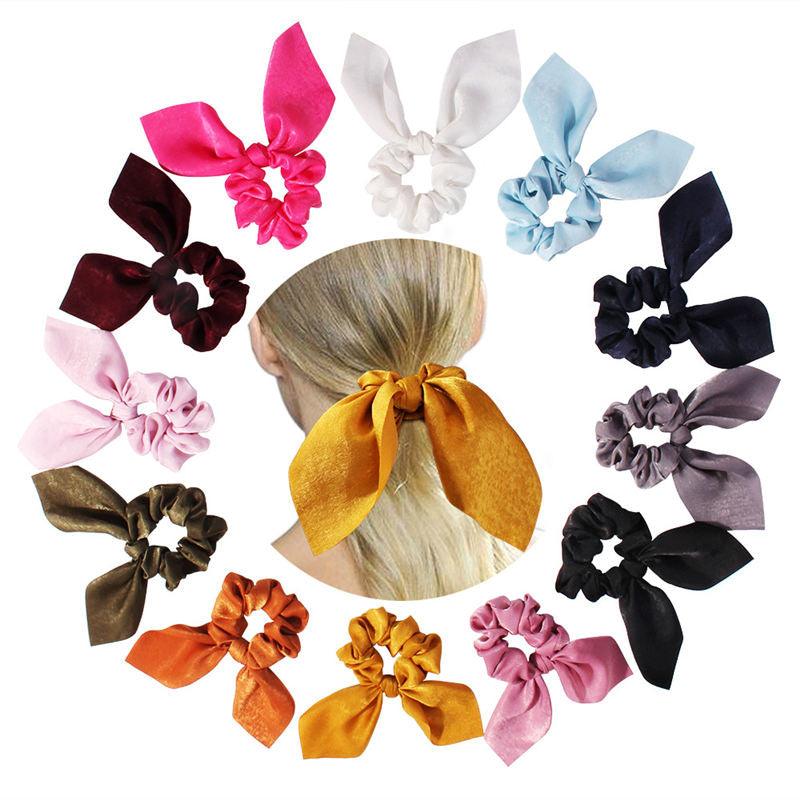 Pure Color Elastic Hair Band Rabbit Ear Bow Pearl Hair Rope Satin Ponytail Scrunchie Bobbles Elastic Hair Ties Ropes Ponytail Holder Accessories for Women And Girls