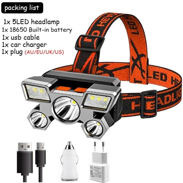 Rechargeable Adjustable USB 5LED Headlamp with High Lumen Handsfree Waterproof Portable Ability Focusing Ring Headlight Flashlight Torchlight For Outdoor Camping Hiking Running Headlight - STEVVEX Lamp - 200, Flashlight, Gadget, Headlamp, Headlight, lamp, Portable Headlamp, Rechargeable Flashlight, Rechargeable Headlamp, Rechargeable Headlight, Rechargeable Torchlight, Torchlight, Waterproof Flashlight, Waterproof Headlamp, Waterproof Headlight - Stevvex.com