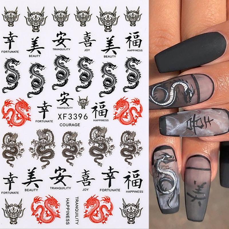 Red Black Colorful 3D Dragon Design Stickers Women Love Nail Art Slider Gel Polish Decal Temporary Decoration For Nail Manicures 3D Self-Adhesive Nail Art Tips Sliders for Women Girls DIY Nail Decorations Manicure Decor Accessories