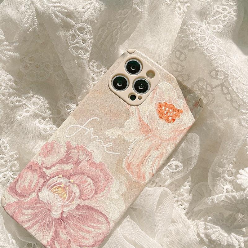 Retro Big Flower Soft Silicone Leather Phone Case For iphone 13 11 pro max 12 mini 7 8 plus x xr xs max Cute Unique Trendy Slim Silicone Case for iPhone Pro Max