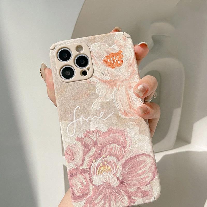Retro Big Flower Soft Silicone Leather Phone Case For iphone 13 11 pro max 12 mini 7 8 plus x xr xs max Cute Unique Trendy Slim Silicone Case for iPhone Pro Max