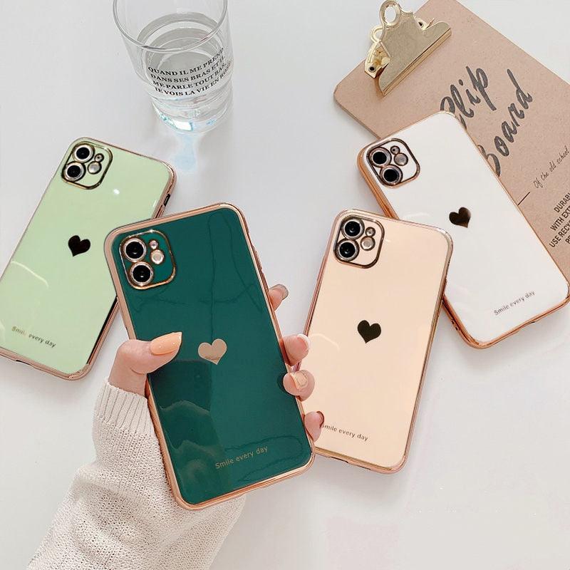 Retro  Love Heart Phone Case For iPhone 12 13 11 Pro Max XR X XS Max 8 Plus 14 Soft Silicone Camera Protective Back Cover Luxury Bling Plating Soft Back Cover Raised Full Camera Protection Bumper Silicone Shockproof Phone Case for iPhone