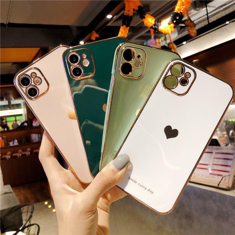 Retro  Love Heart Phone Case For iPhone 12 13 11 Pro Max XR X XS Max 8 Plus 14 Soft Silicone Camera Protective Back Cover Luxury Bling Plating Soft Back Cover Raised Full Camera Protection Bumper Silicone Shockproof Phone Case for iPhone