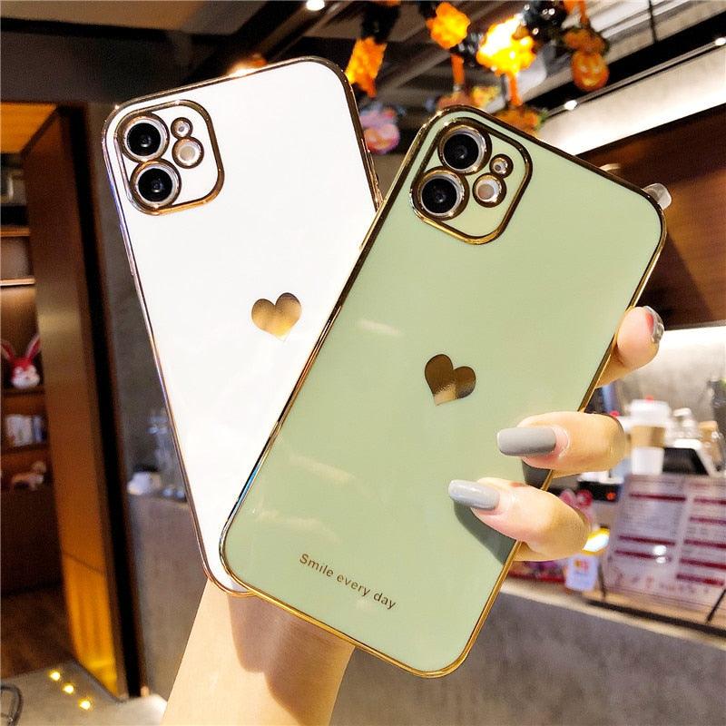 Retro  Love Heart Phone Case For iPhone 12 13 11 Pro Max XR X XS Max 8 Plus 14 Soft Silicone Camera Protective Back Cover Luxury Bling Plating Soft Back Cover Raised Full Camera Protection Bumper Silicone Shockproof Phone Case for iPhone