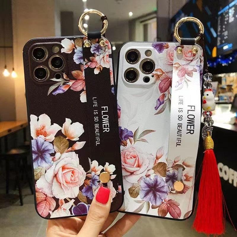 Rose Flowers Wrist Strap Phone Cases For iPhone 13 12 11 14 pro MAX X XR XS MAX 7 8 Plus Cover  Hand Band Cases Soft Full Protection Slim Colorful Protective Phone Case For iPhone