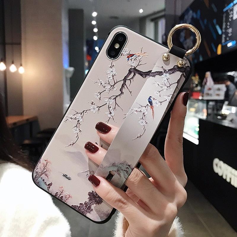 Rose Flowers Wrist Strap Phone Cases For iPhone 13 12 11 14 pro MAX X XR XS MAX 7 8 Plus Cover  Hand Band Cases Soft Full Protection Slim Colorful Protective Phone Case For iPhone