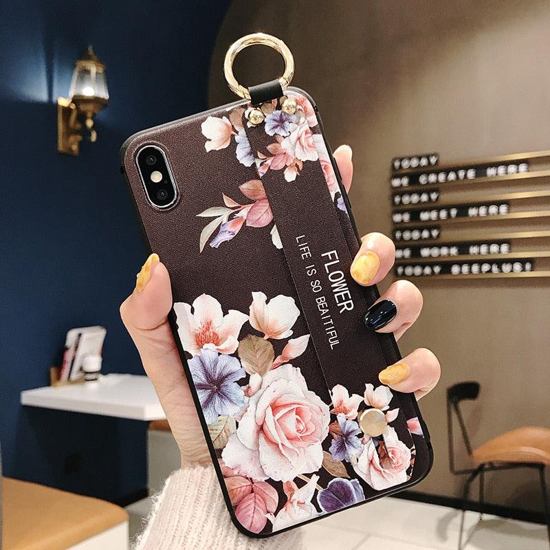 Rose Flowers Wrist Strap Phone Cases For iPhone 13 12 11 14 pro MAX X XR XS MAX 7 8 Plus Cover  Hand Band Cases Soft Full Protection Slim Colorful Protective Phone Case For iPhone