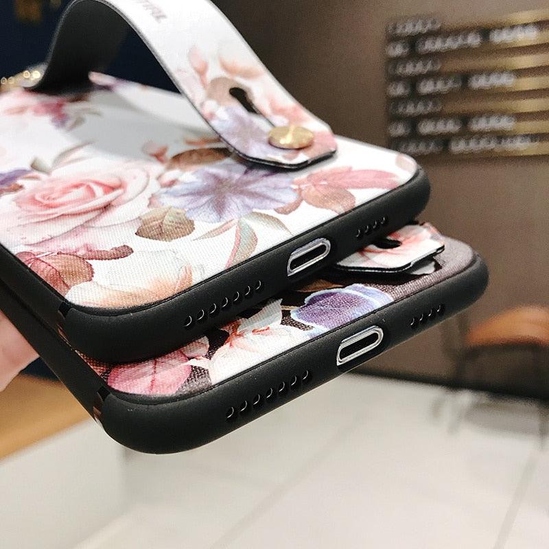 Rose Flowers Wrist Strap Phone Cases For iPhone 13 12 11 14 pro MAX X XR XS MAX 7 8 Plus Cover  Hand Band Cases Soft Full Protection Slim Colorful Protective Phone Case For iPhone