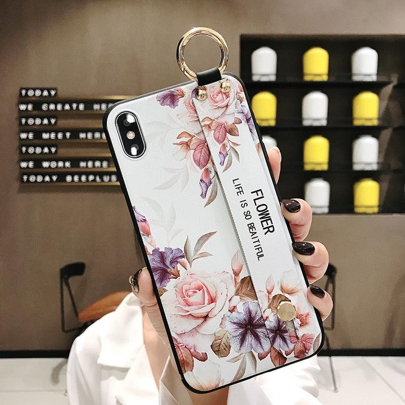 Rose Flowers Wrist Strap Phone Cases For iPhone 13 12 11 14 pro MAX X XR XS MAX 7 8 Plus Cover  Hand Band Cases Soft Full Protection Slim Colorful Protective Phone Case For iPhone