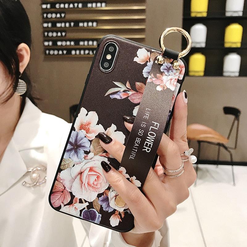 Rose Flowers Wrist Strap Phone Cases For iPhone 13 12 11 14 pro MAX X XR XS MAX 7 8 Plus Cover  Hand Band Cases Soft Full Protection Slim Colorful Protective Phone Case For iPhone