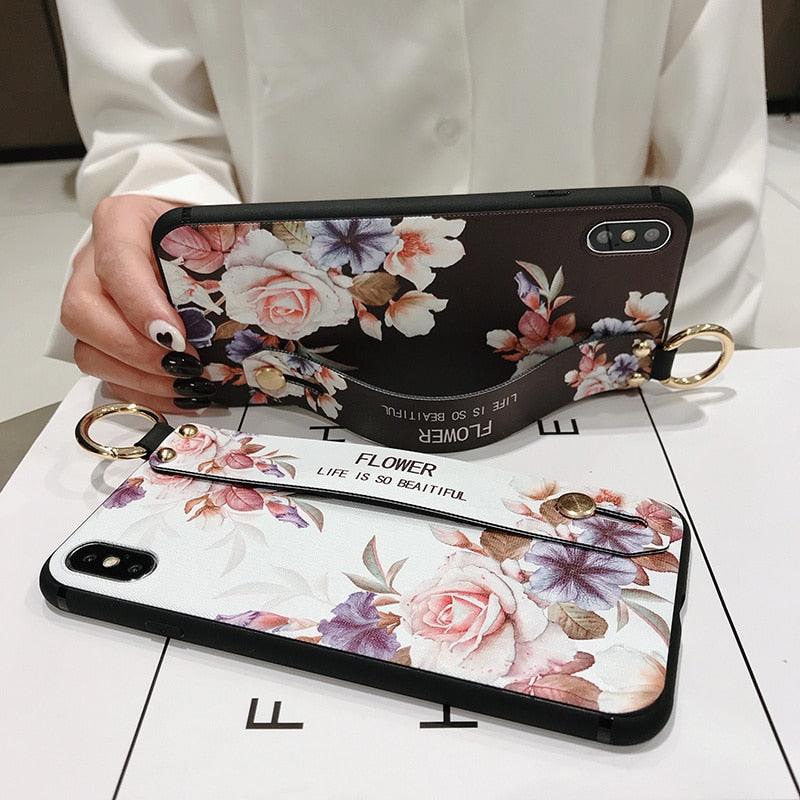 Rose Flowers Wrist Strap Phone Cases For iPhone 13 12 11 14 pro MAX X XR XS MAX 7 8 Plus Cover  Hand Band Cases Soft Full Protection Slim Colorful Protective Phone Case For iPhone