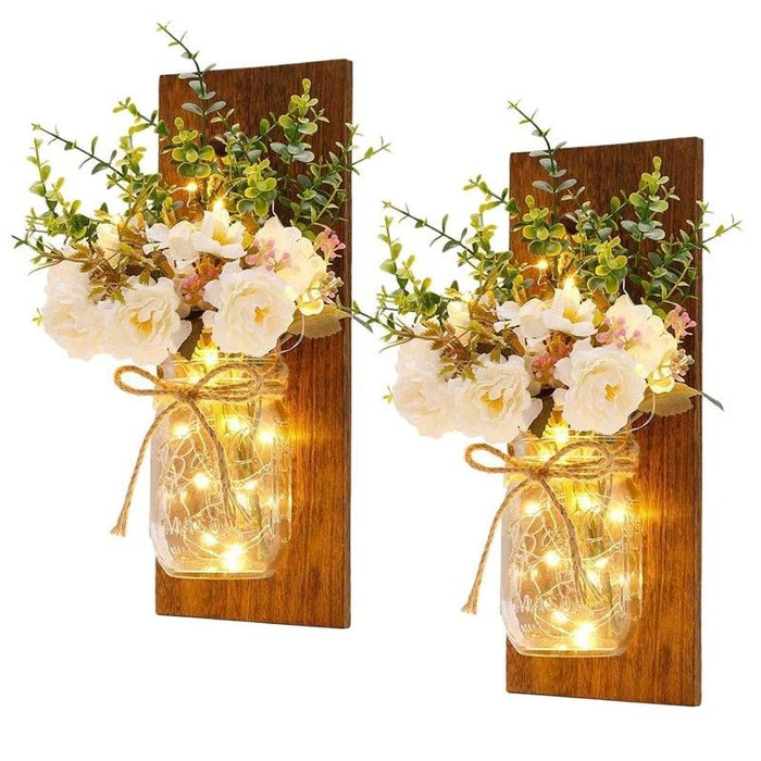 Rustic Wall Sconces Flower Lamp Mason Jar Sconce Handmade Wall Art Hanging Home Decoration 2 Set with LED Fairy Lights Decorative  Peony Flower