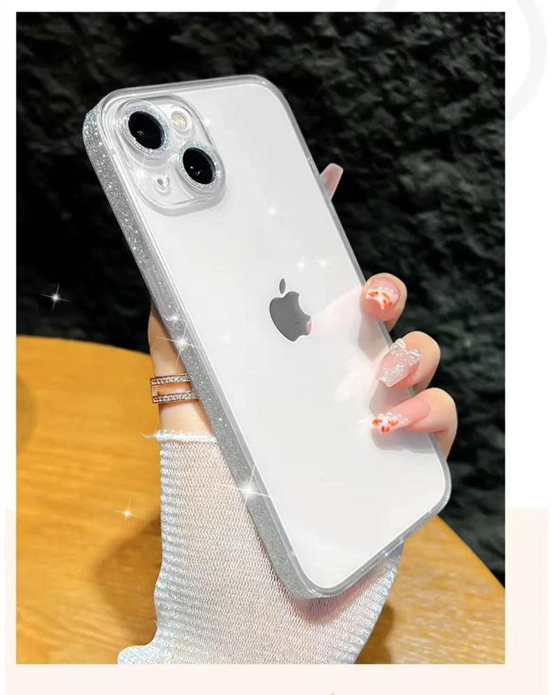 Shining Glitter Transparent Phone Case For iPhone 12 13 14 Pro Max Luxury Transparent Soft Frame Sparkly Phone Case for Women Girls Sparkle Design Anti-Scratch Soft Slim Fit Shockproof Protective Case Cover