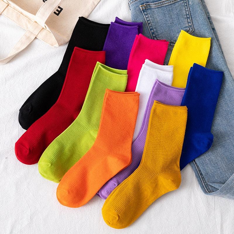 Simple Colorful Solid Color Socks Girls Candy Color Fashion Socks Spring And Autumn 100% Cotton Socks Female Socks Crew Socks Running Socks For Men And Women