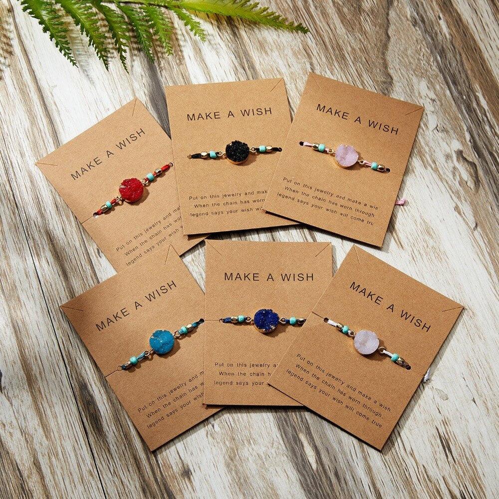 Simple Stone Charm Bracelet Colorful Black Red String Braided Couple Bracelets Wish Card Jewelry Handmade Woven Thread Rope String Nature Stone Beads Charm Bracelet Cuff Bangles With Message Card 18-30cm