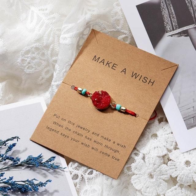 Simple Stone Charm Bracelet Colorful Black Red String Braided Couple Bracelets Wish Card Jewelry Handmade Woven Thread Rope String Nature Stone Beads Charm Bracelet Cuff Bangles With Message Card 18-30cm