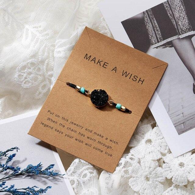 Simple Stone Charm Bracelet Colorful Black Red String Braided Couple Bracelets Wish Card Jewelry Handmade Woven Thread Rope String Nature Stone Beads Charm Bracelet Cuff Bangles With Message Card 18-30cm