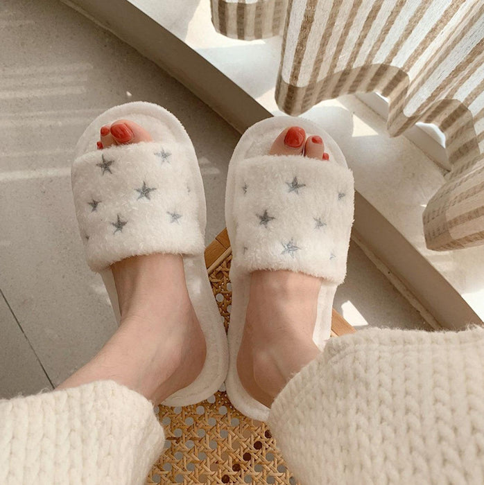Soft Fur Home Slippers Warm Fluffy Plush Slippers Winter Cotton Slippers Fashionable Plush Shoes Fur Slippers Flip Flop Open Toe Cozy House Slippers