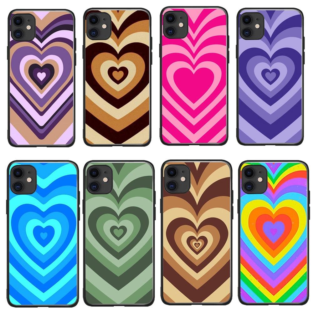 Soft Silicone Latte Pink Purple Color Love Heart Phone Cover Cases for iphone 14 13 6 6S 7 8 Plus X Xs XR 11 12 Pro Max Black Love Heart Coffee Latte Pattern Silicone Protective Cover Compatible for iPhone