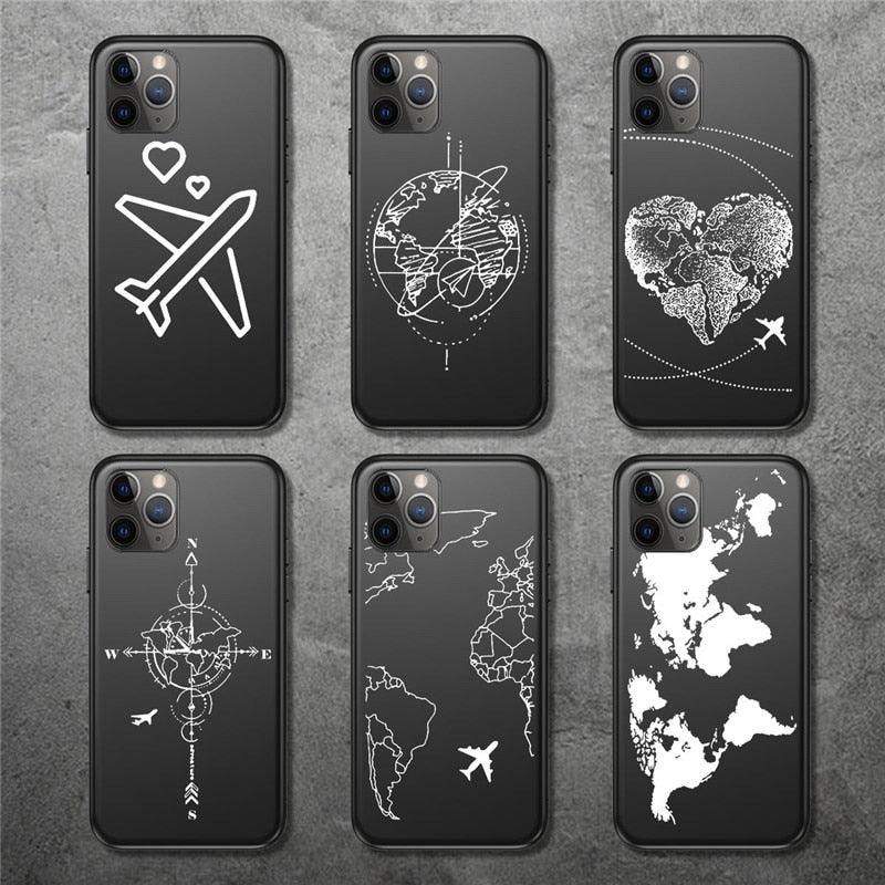 Soild Black Globe Plane Map Phone Case For iPhone 14 13 11 12 Pro X XR XS Max SE 7 8 Plus 6 6s Shockproof Soft Ultra Slim Fit iPhone Case Liquid Silicone Gel Cover with Full Body Protection Anti-Scratch Shockproof Case