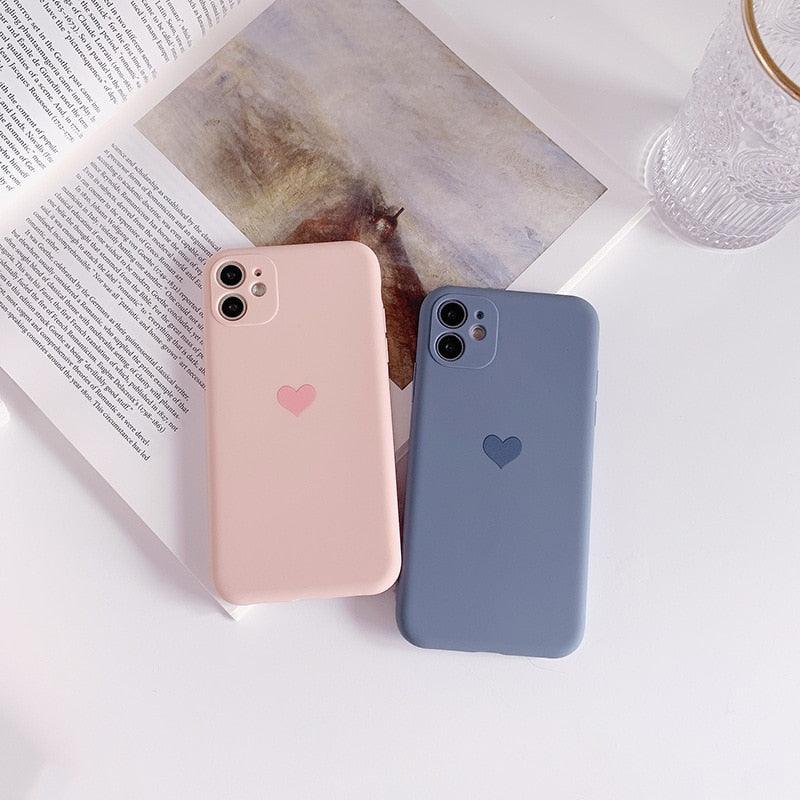 Solid Candy Color Love Heart Phone Case For iPhone 12 Mini 11 Pro Max XR XsMax 13 7 8Puls Cases Soft Silicone Luxury Heart Phone Case Cute Side Small Pattern Soft Shockproof Full Camera Lens Protective Cover