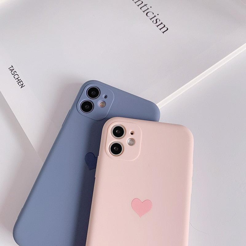 Solid Candy Color Love Heart Phone Case For iPhone 12 Mini 11 Pro Max XR XsMax 13 7 8Puls Cases Soft Silicone Luxury Heart Phone Case Cute Side Small Pattern Soft Shockproof Full Camera Lens Protective Cover